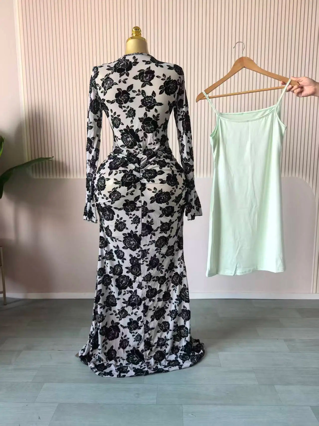 Elegant Sheer Mesh Evening Gown Long Sleeve Formal