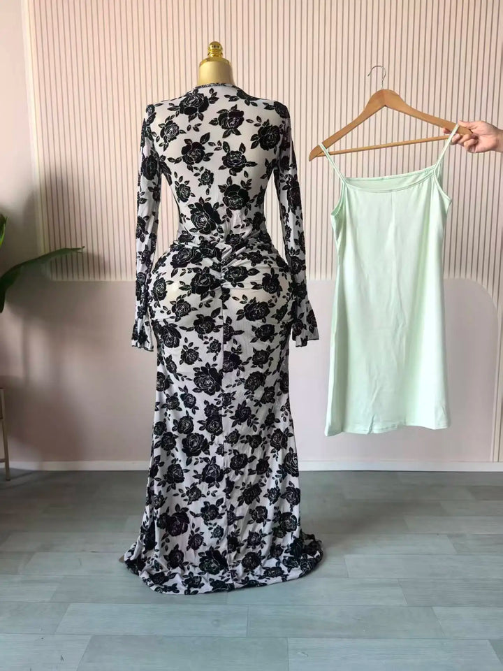 Elegant Long Sleeve Mesh Gown With Sheer Lining