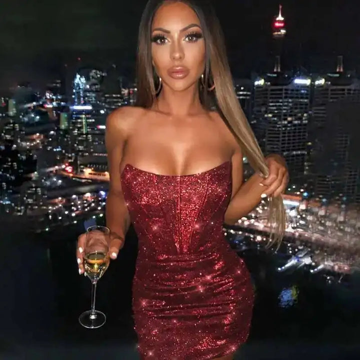 Giyu Black Glitter Strapless Bodycon Mini Dress