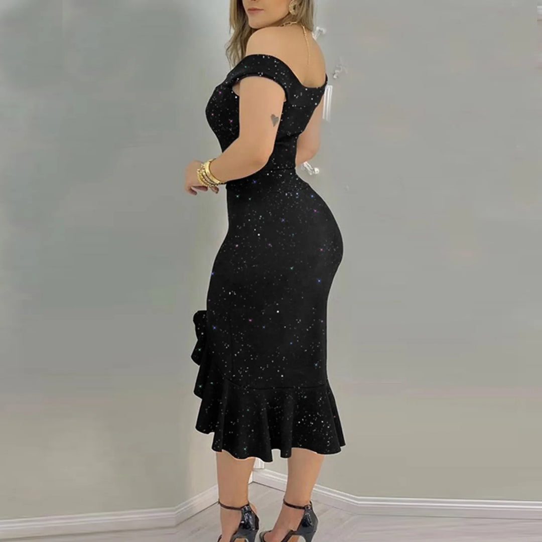Luxury Glitter Off Shoulder Ruffle Bodycon Dress