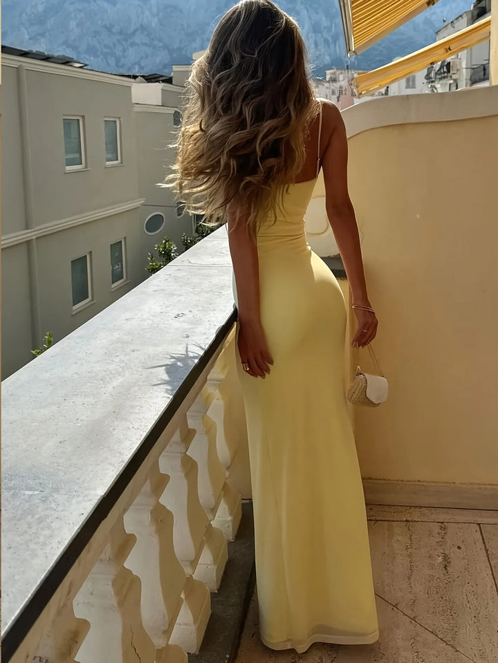 Elegant Yellow V Neck Backless Summer Dress