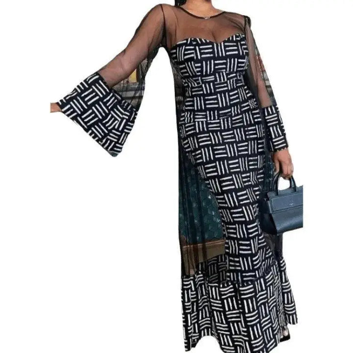Mesh Flare Sleeve Dress and Bodycon Suit Set Ensemble