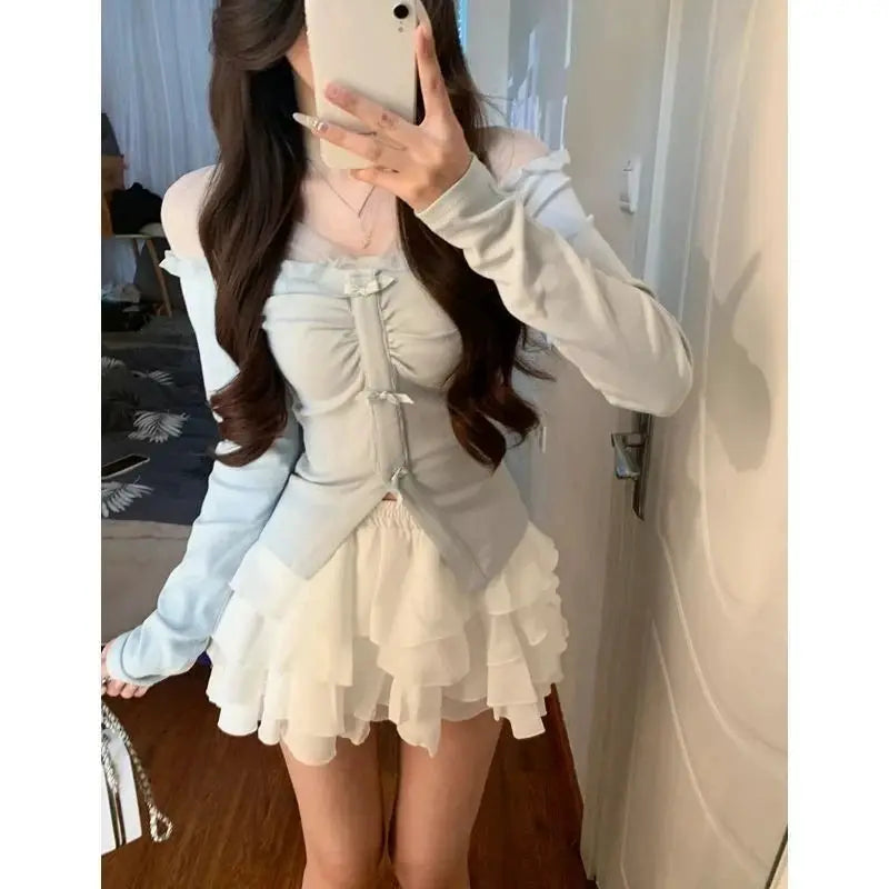 Summer Sexy 2 Piece Dress Set Women Elegant See Through Bodycon T-shirts + Lace Slim Strap Dress 2000s American Vintage Suits