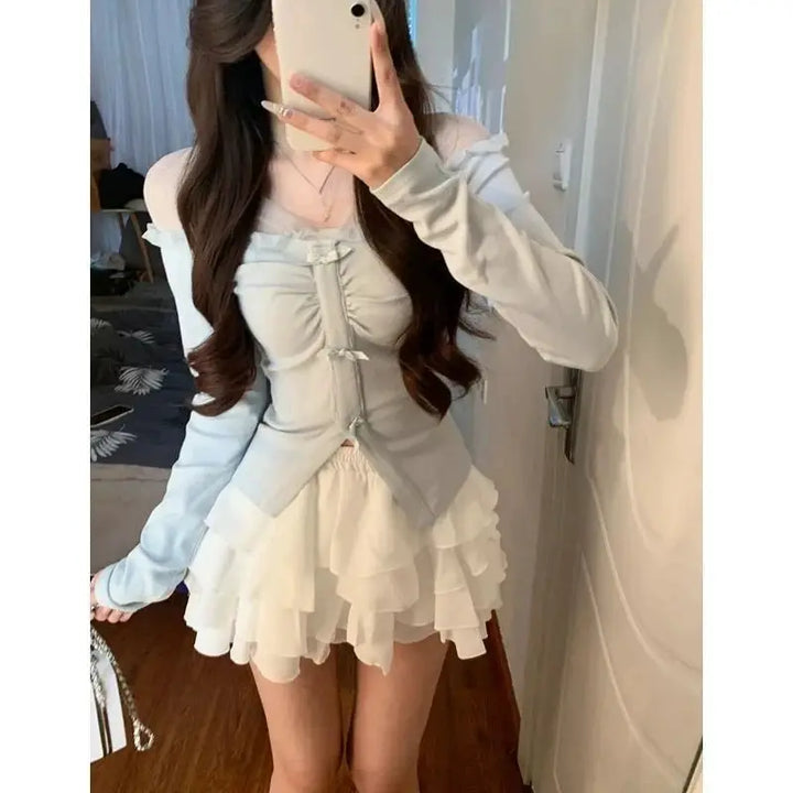 Summer Sexy 2 Piece Dress Set Women Elegant See Through Bodycon T-shirts + Lace Slim Strap Dress 2000s American Vintage Suits