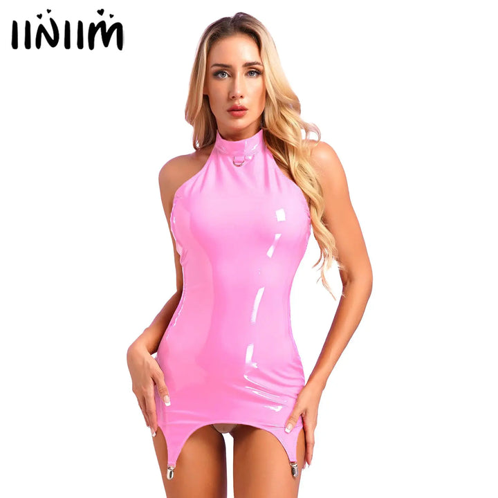 Patent Leather Bodycon Lingerie Dress Garter Clips