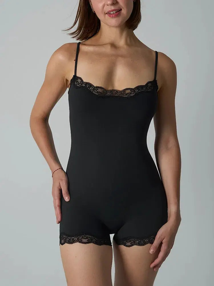 Hot Women Sexy Lace Patchwork Bodysuit Sports FitnessSkinny Shaperwear Camisole Square Neck Spaghetti Strap Slimming Bodycon