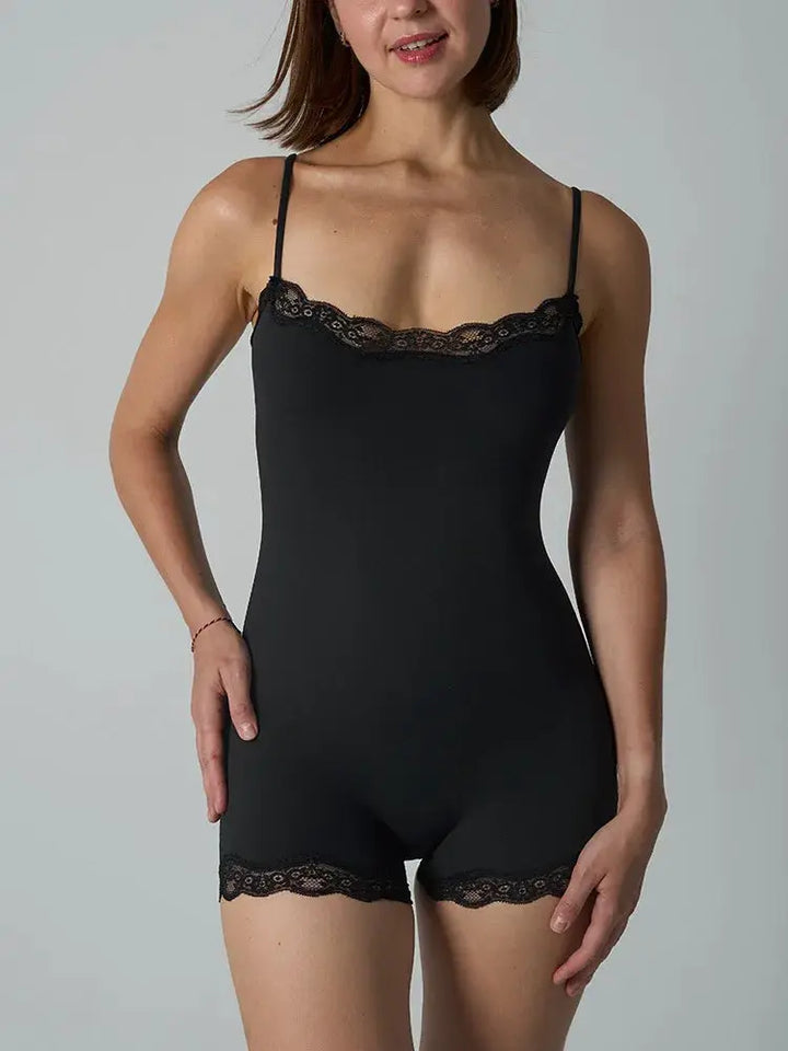 Hot Women Sexy Lace Patchwork Bodysuit Sports FitnessSkinny Shaperwear Camisole Square Neck Spaghetti Strap Slimming Bodycon