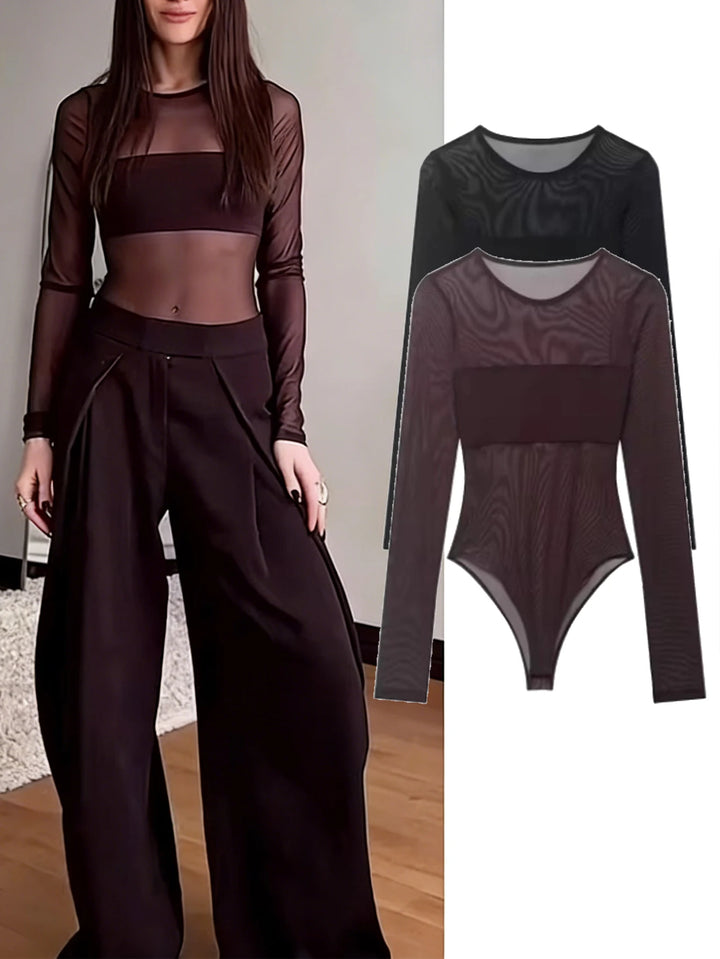 Sexy Mesh Bodysuit Women See Through Neck Jumpsuit