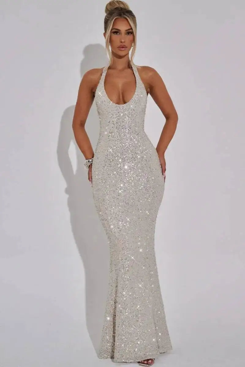 Sleeveless Sequined Mesh Maxi Dress Bodycon