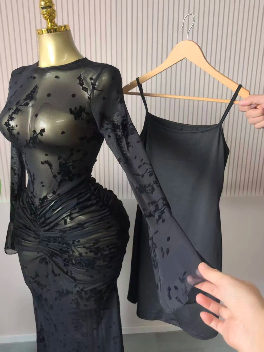 Elegant Long Sleeve Mesh Gown With Sheer Lining
