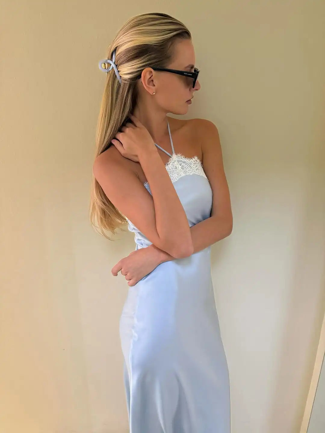 Elegant Blue Satin Maxi Dress With Lace Trim