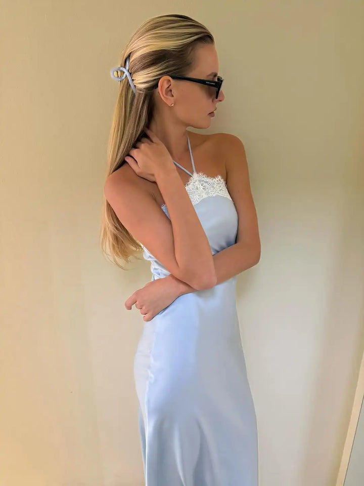 Elegant Blue Satin Maxi Dress With Lace Trim