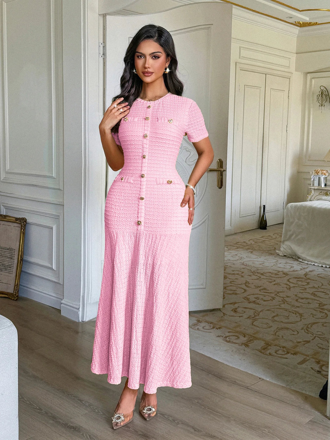 Shuangfuxiang Gold Button A Line Dress