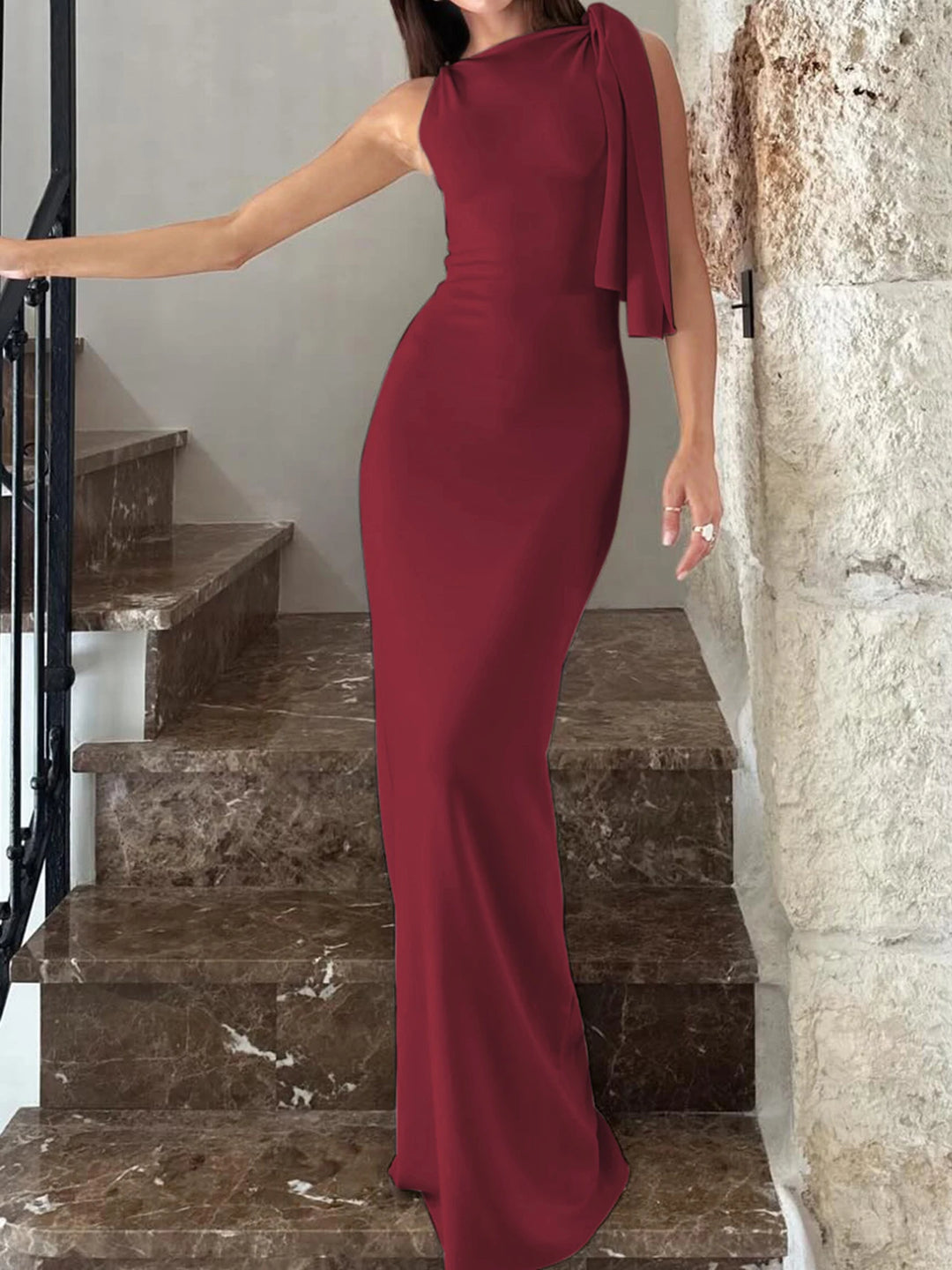 Hugcitar Solid O Neck Maxi Dress Patchwork Bodycon
