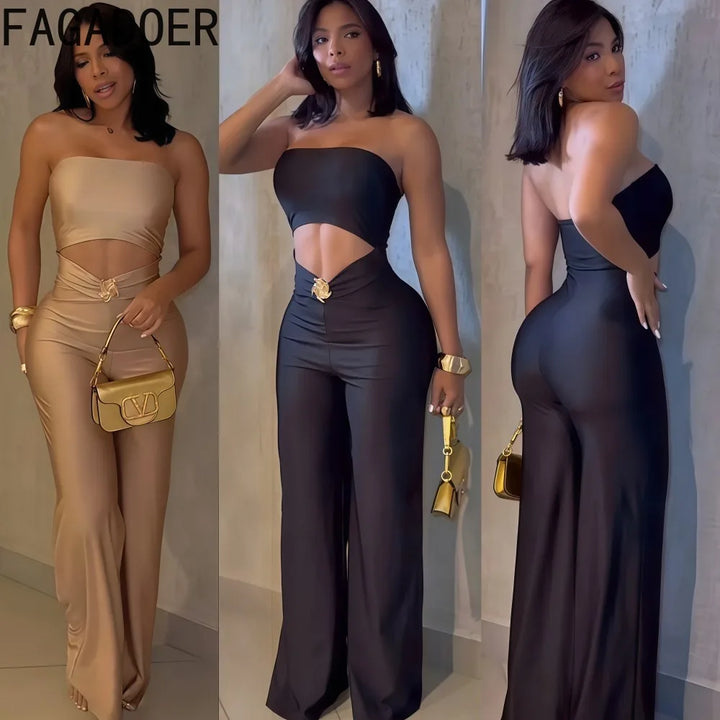 Fagadoer Sexy Hollow Out Bodycon Jumpsuit Women