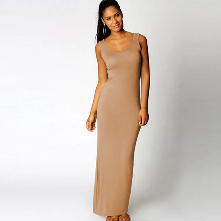 Women Sleeveless Maxi Bodycon Dress Solid Color