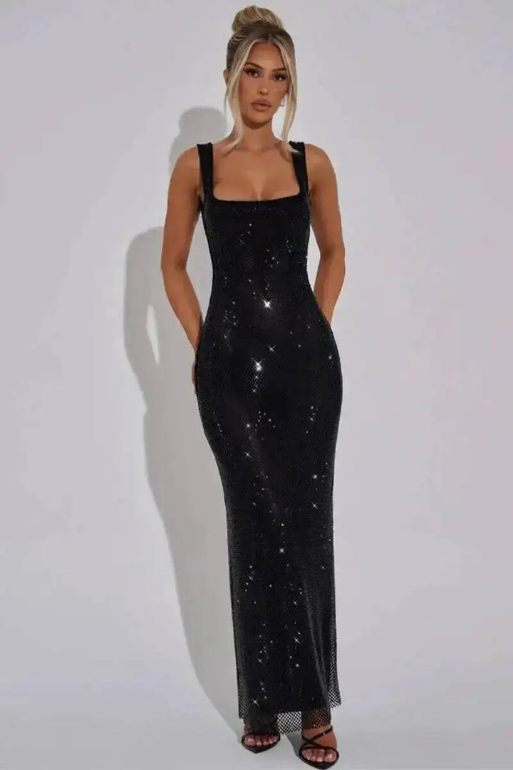 Sleeveless Sequined Mesh Maxi Dress Bodycon