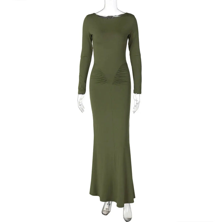 Hugcitar Autumn Solid Long Sleeve Draped Sexy Bodycon Maxi Prom Dress Women Fashion Y2K Outfits Evening Party Festival Club