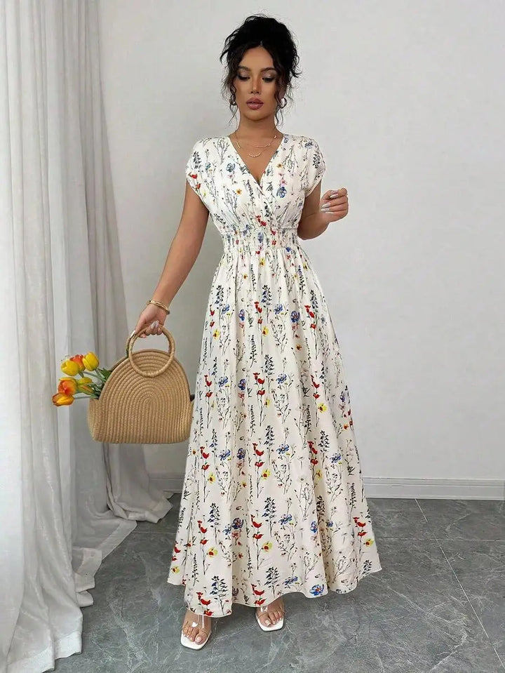 Charming Ditsy Floral V Neck Waisted Maxi Dress