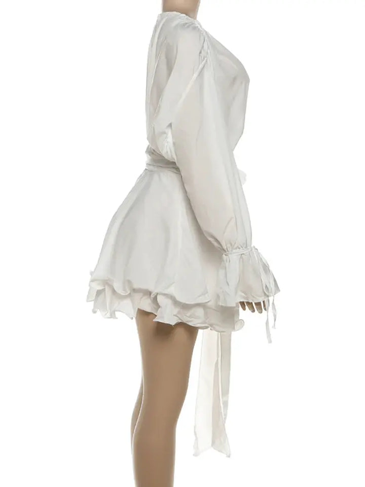 Nibber Elegant 3D Flower Decoration Dress Women Y2K Sweet Style Flare Sleeve Ruched Ribbon Vacation Fashion Summer Mini Bodycon