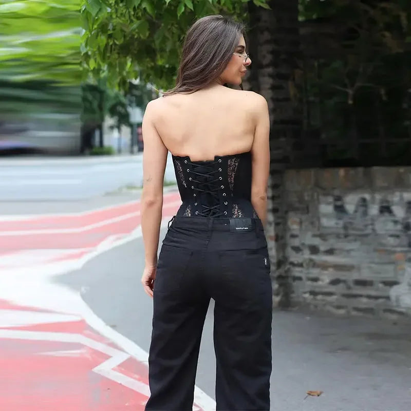Spicy Girl Sexy Tight Corset Lace Hollow Sleeveless Strapless Top 2025 Summer Fashion Women Street Trendy Vest