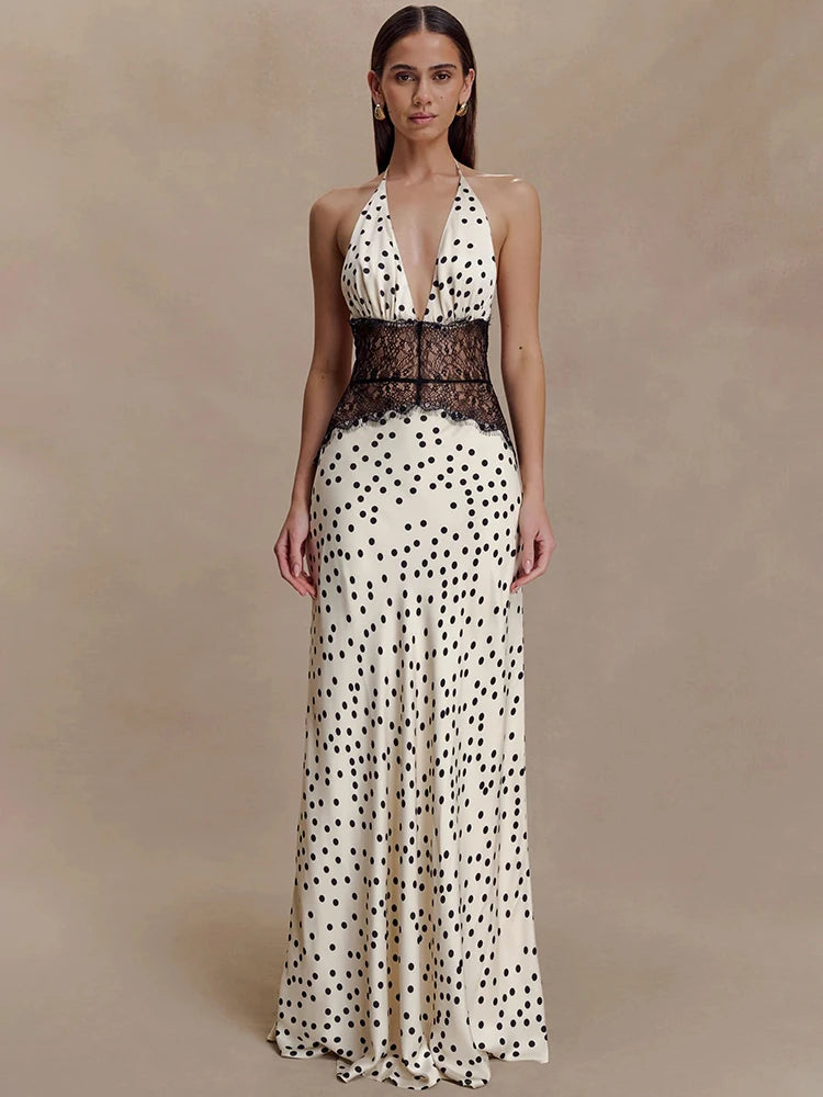 Polka Dot Backless Maxi Dress Women Halter V Neck