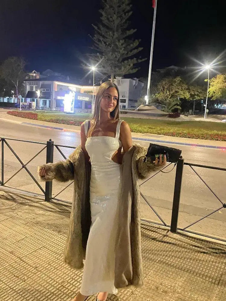 Sparkling Silver Maxi Dress Backless Evening Gown For Events