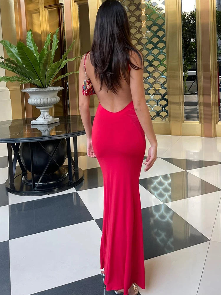 Y2K Solid Sleeveless Backless Bodycon Maxi Dress