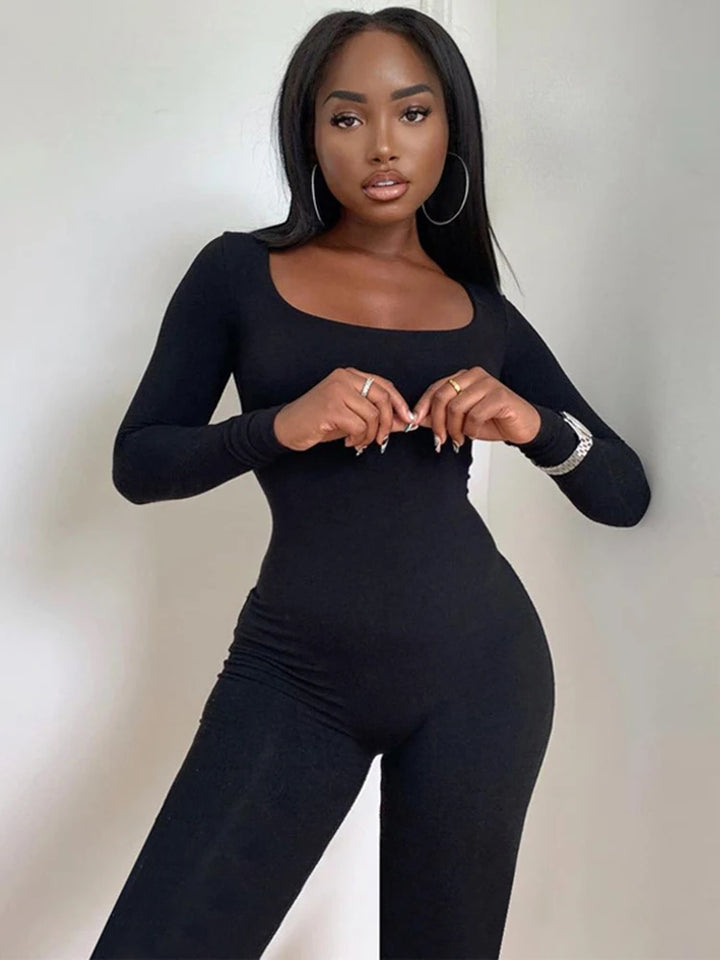 Hugcitar 2025 Square Collar Bodycon Jumpsuit Women