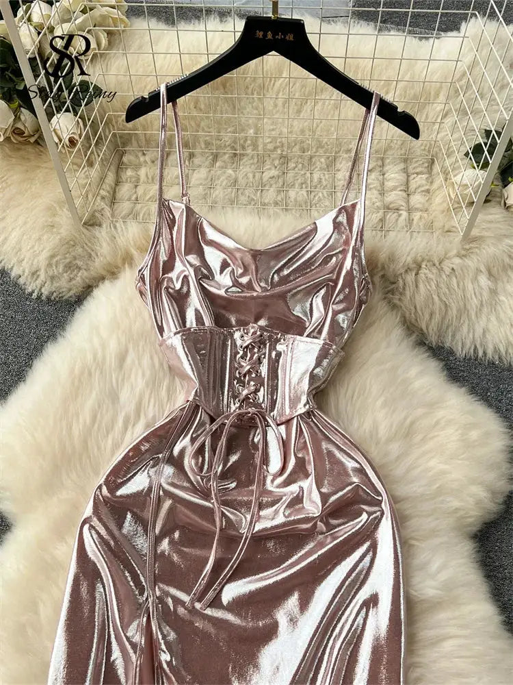 SINGREINY Spaghetti Strap Split Long Dress 2025 Ladies Fake Leather Lace Up Bodycon Sundress Y2K Hotsweet Shiny Slim Party Dress