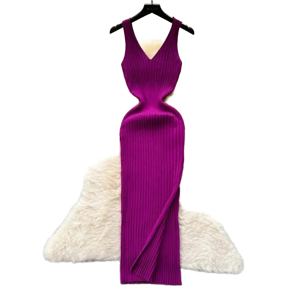 YuooMuoo Chic Fashion Sexy Wrap Hips Split Knitted Autumn Dress Women Slim Elastic Bodycon Long Dress Streetwear Outfits Vestido