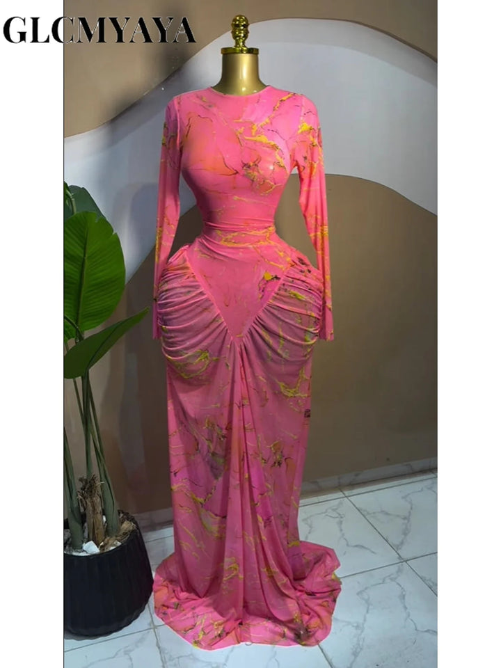 Tie Dye Ruched Long Sleeve Bodycon Maxi Dress