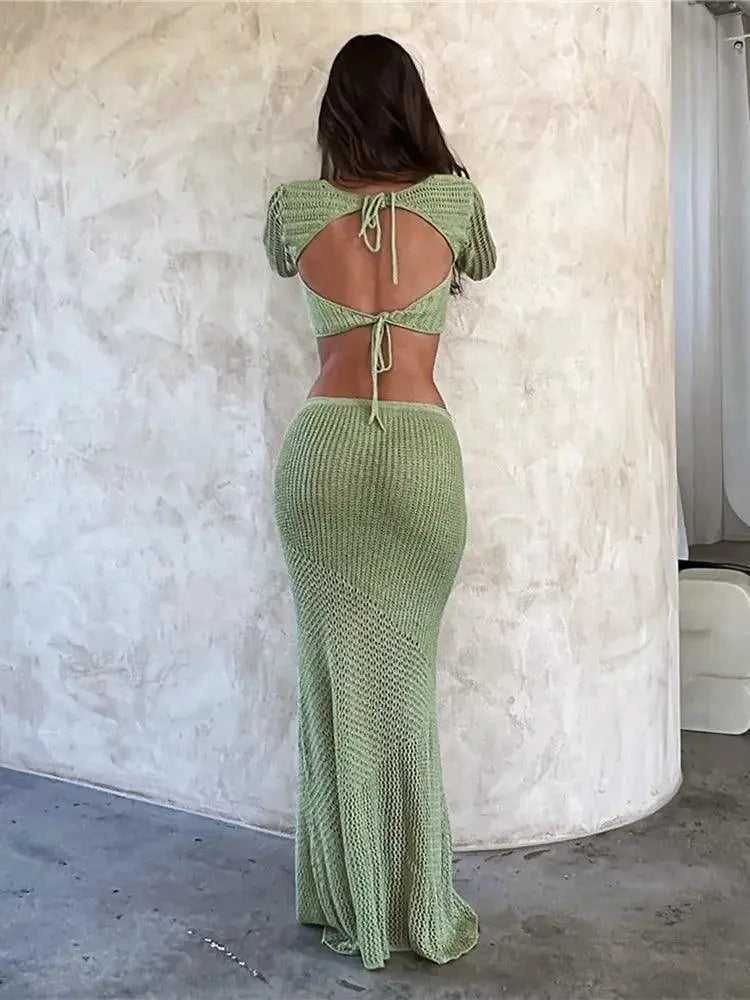 Womens Crochet Knit 2 Piece Set Backless Crop Top Skirt