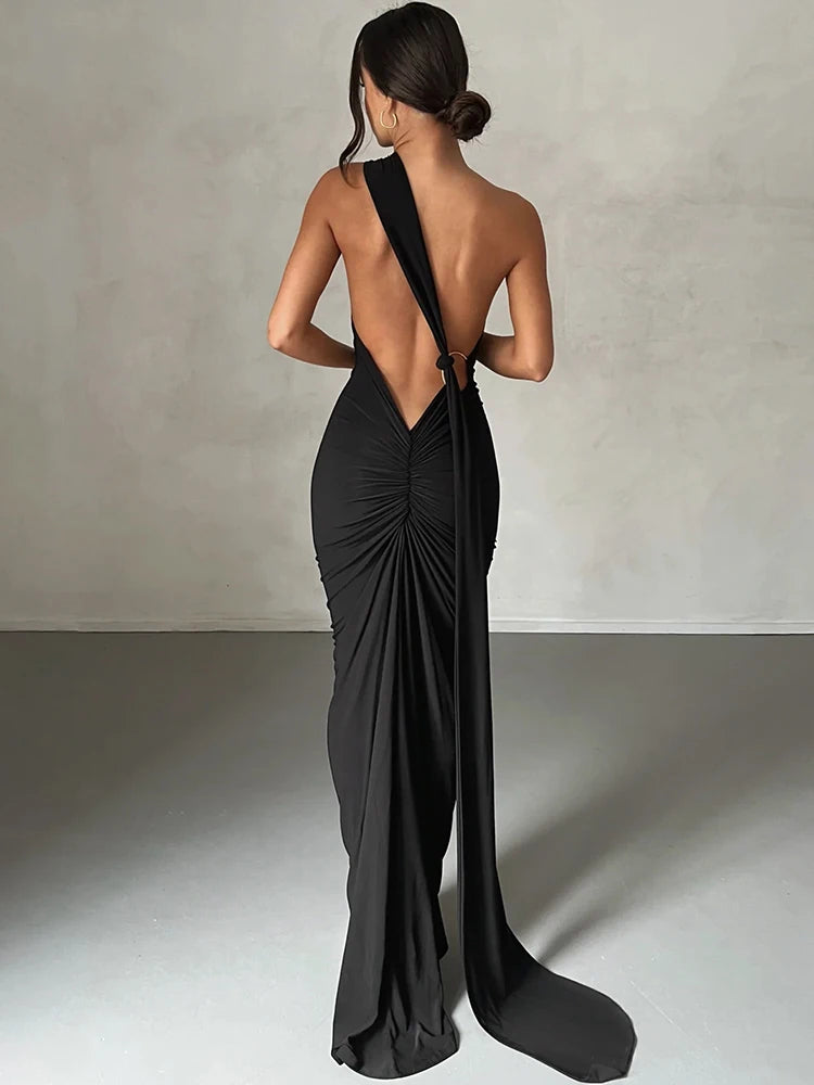 Elegant Y2k One Shoulder Maxi Dress Scarf Backless