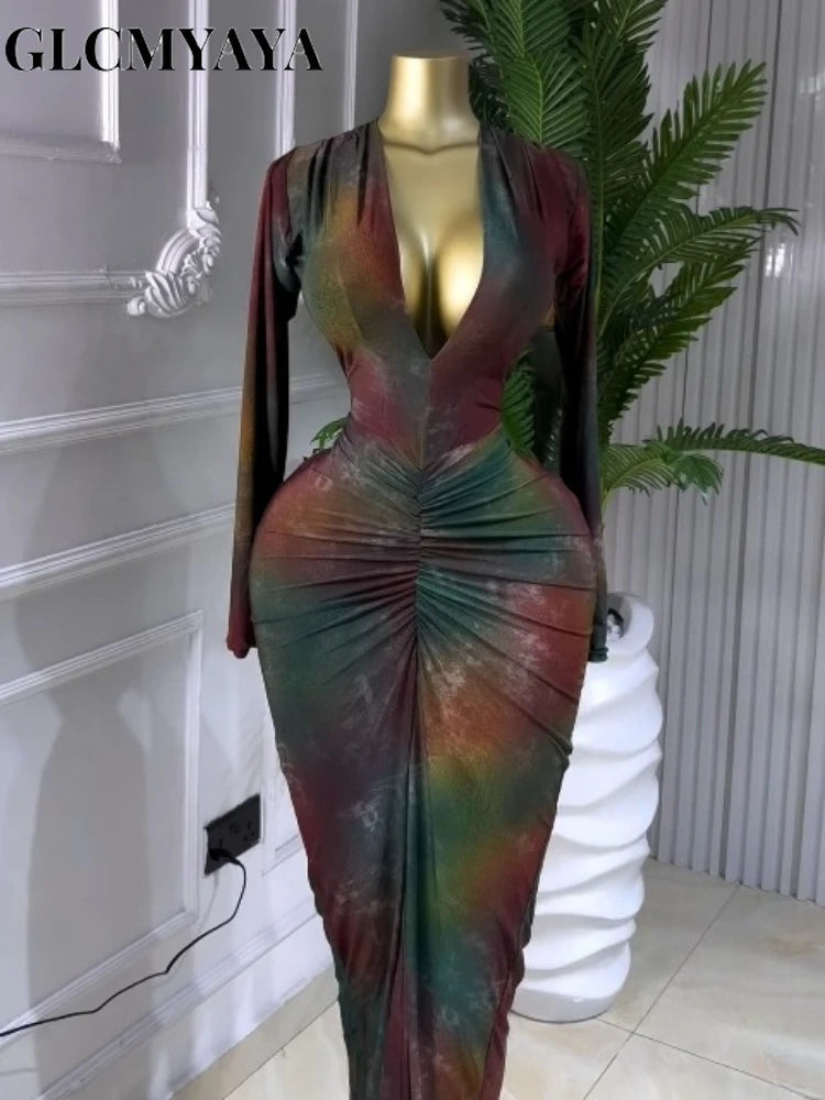 Printed Deep V Neck Ruched Bodycon Midi Dress