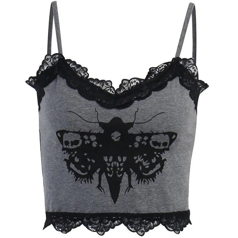 Gothic Cross Print Lace Trim Crop Top Edgy Corset Tank