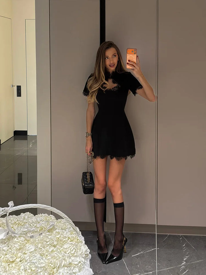 Lace Patchwork Bodycon Mini Dress With High Collar