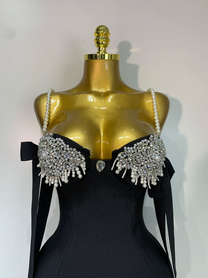 Women Sexy Backless Pearl Diamonds Crystal Bodycon Bandage Dresses Celebrity Elegant Evening Party Club Dress Vestido
