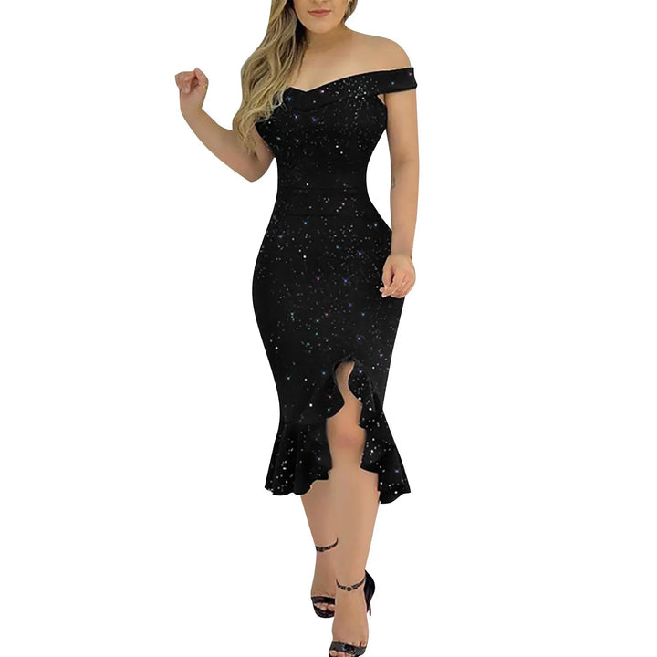 Off Shoulder Bodycon Knee Length Glitter Dress