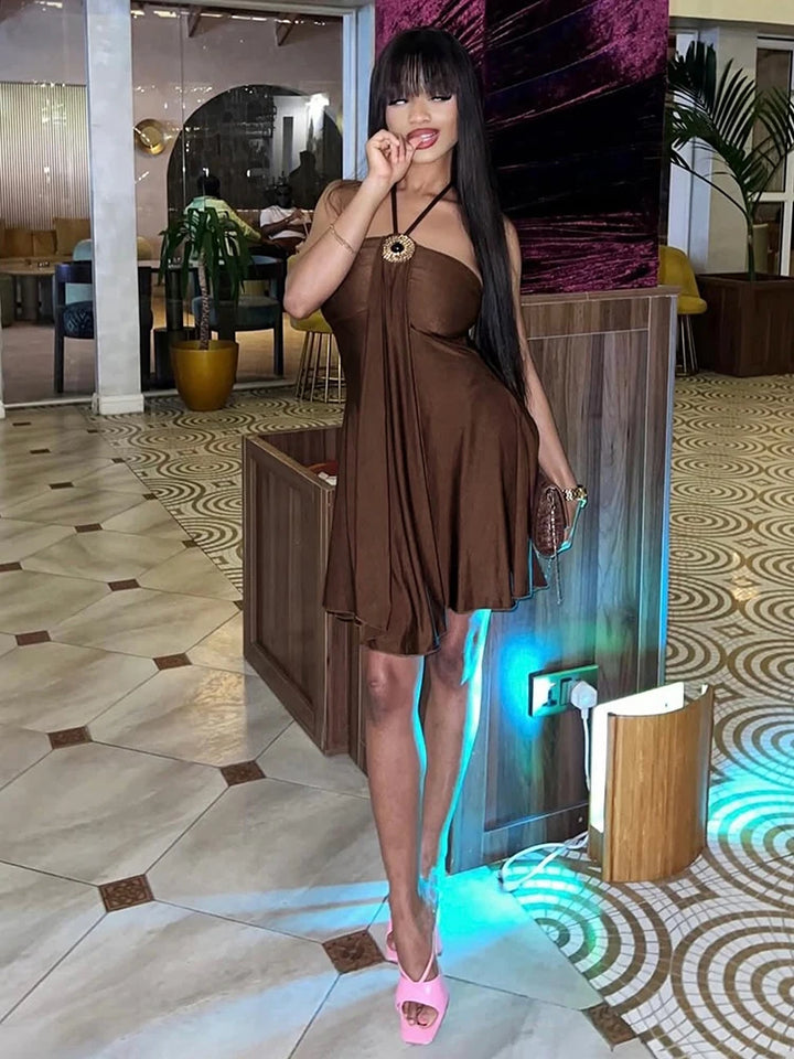 Weird Puss Metal Buckle Dress Women Halter Bodycon