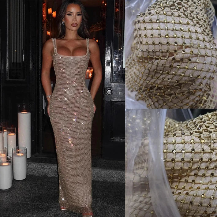 Giyu Sequined Mesh Diamond Backless Maxi Dress