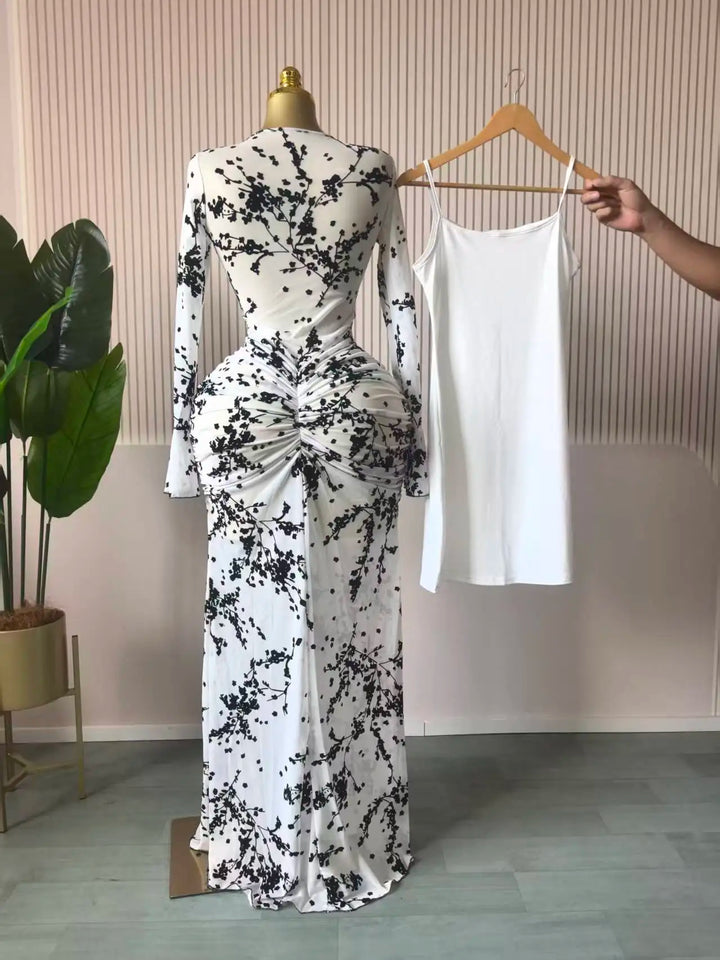 Elegant Sheer Mesh Evening Gown Long Sleeve Formal
