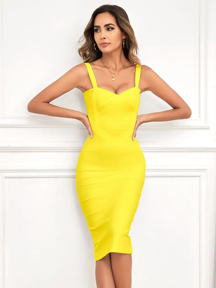 Beaukey Vintage Bandage Midi Dress Yellow Bodycon