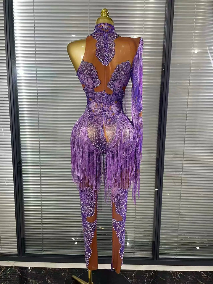 Shining Rhinestones Purple Sexy Tassels Mesh See Through Bodycon Jumpsuit Celebrate Nightclub Party Birthday Photoshoot Wear