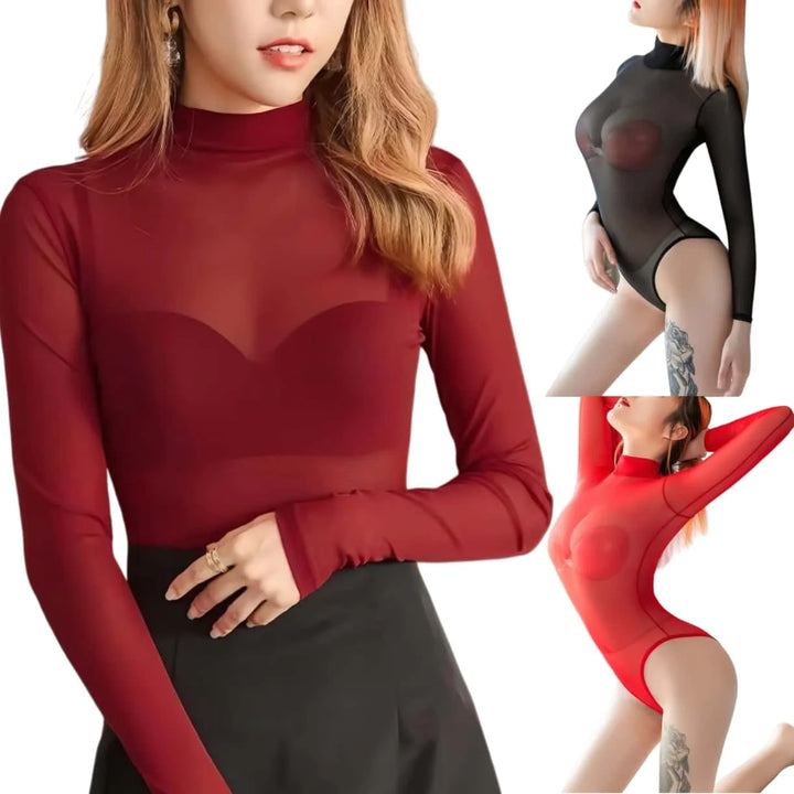 Sheer Black Red Turtleneck Bodysuit For Club Wear