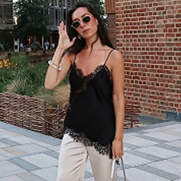 HXAO Asymmetrical Slip Top Women Summer 2025 Y2K Tanks &amp; Camis Lace Black Off Shoulder Top Elegant Sleeveless Backless Camisole