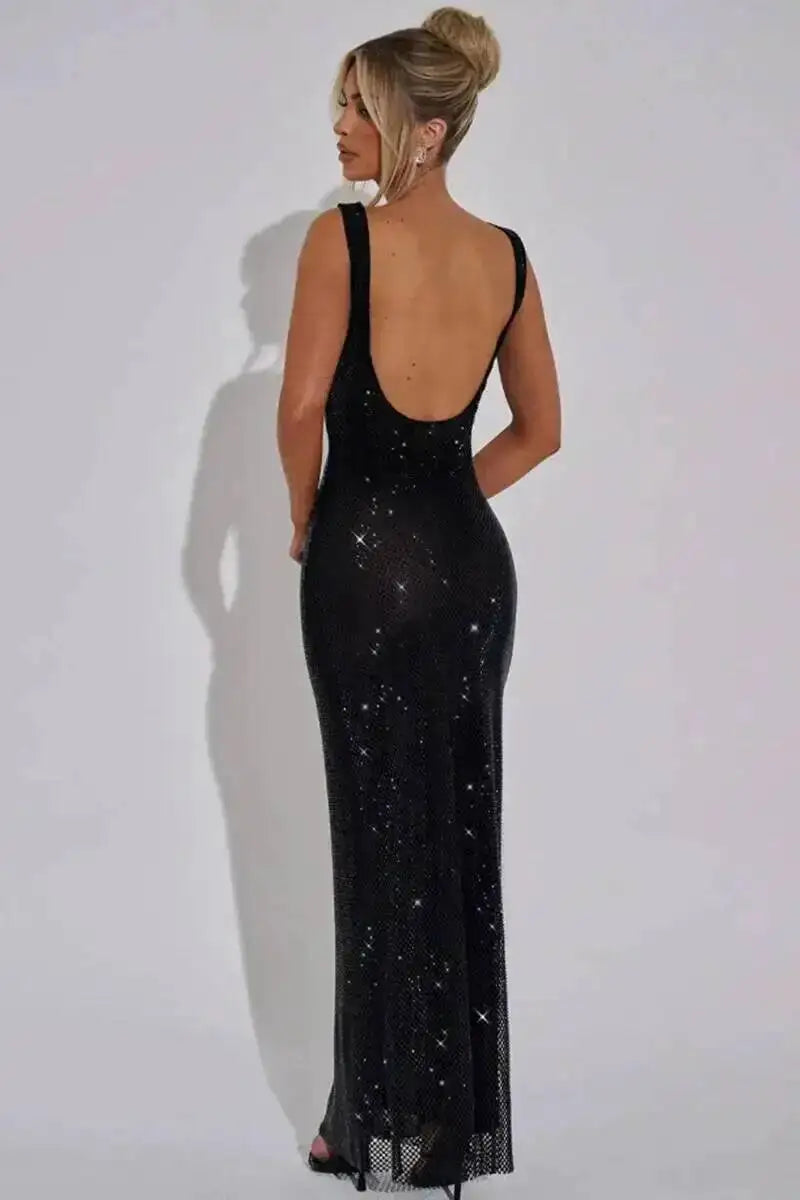 Sleeveless Sequined Mesh Maxi Dress Bodycon
