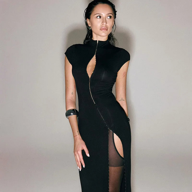 Black High Slit Dress Zipper Half Turtleneck Slim Hip Wrapped