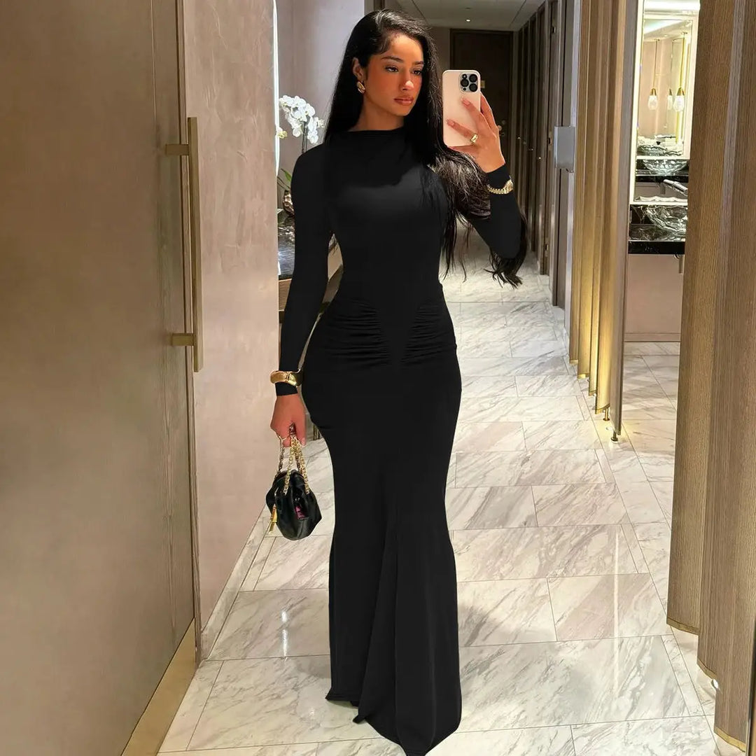 Hugcitar Autumn Solid Long Sleeve Draped Sexy Bodycon Maxi Prom Dress Women Fashion Y2K Outfits Evening Party Festival Club
