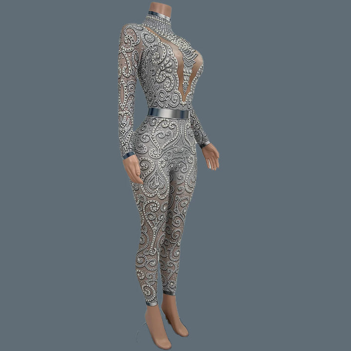 Women Sparkly Rhinestone Pearls Spandex Jumpsuit Nightclub Party Stage Performance Bodycon Wear Sexy Printing Jumpsuit Quanquan